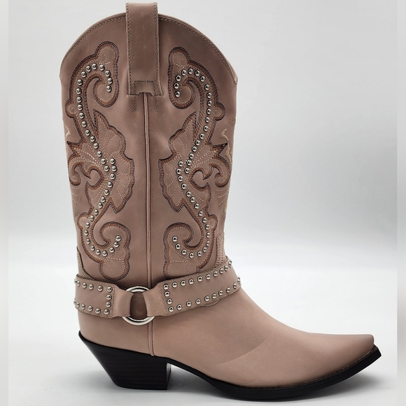 JEFFREY CAMPBELL The Kid Western Studded Beige Block Heel Snip Toe Boot Size 9.5 - Picture 4 of 13